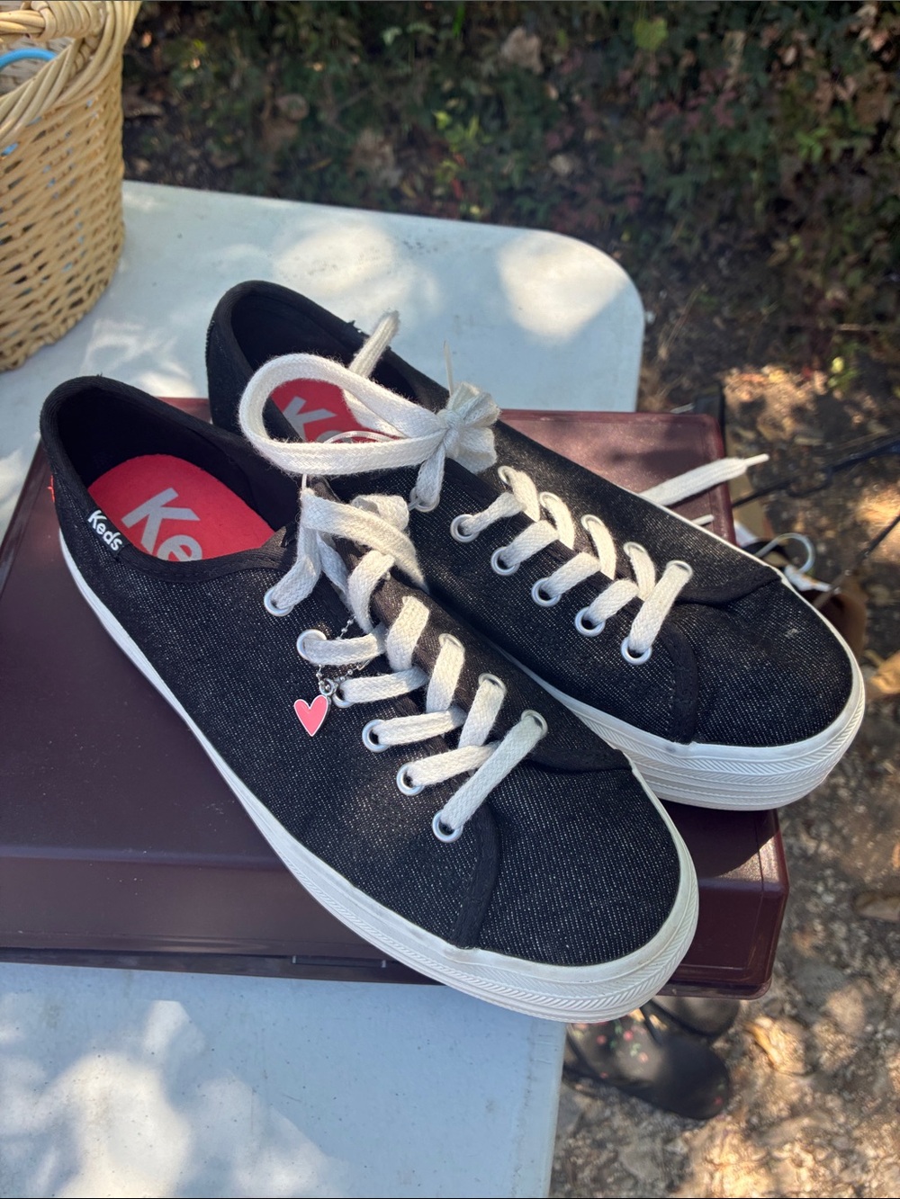 Keds Black Canvas Lace-Up Sneakers with Pink Heart Charm